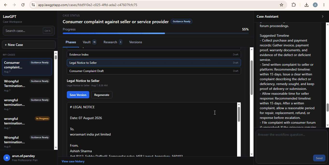 Generated consumer complaint legal notice in LawGPT