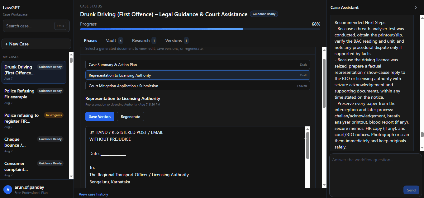 Generated representation to authorities in LawGPT