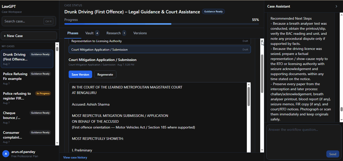 Generated court representation draft